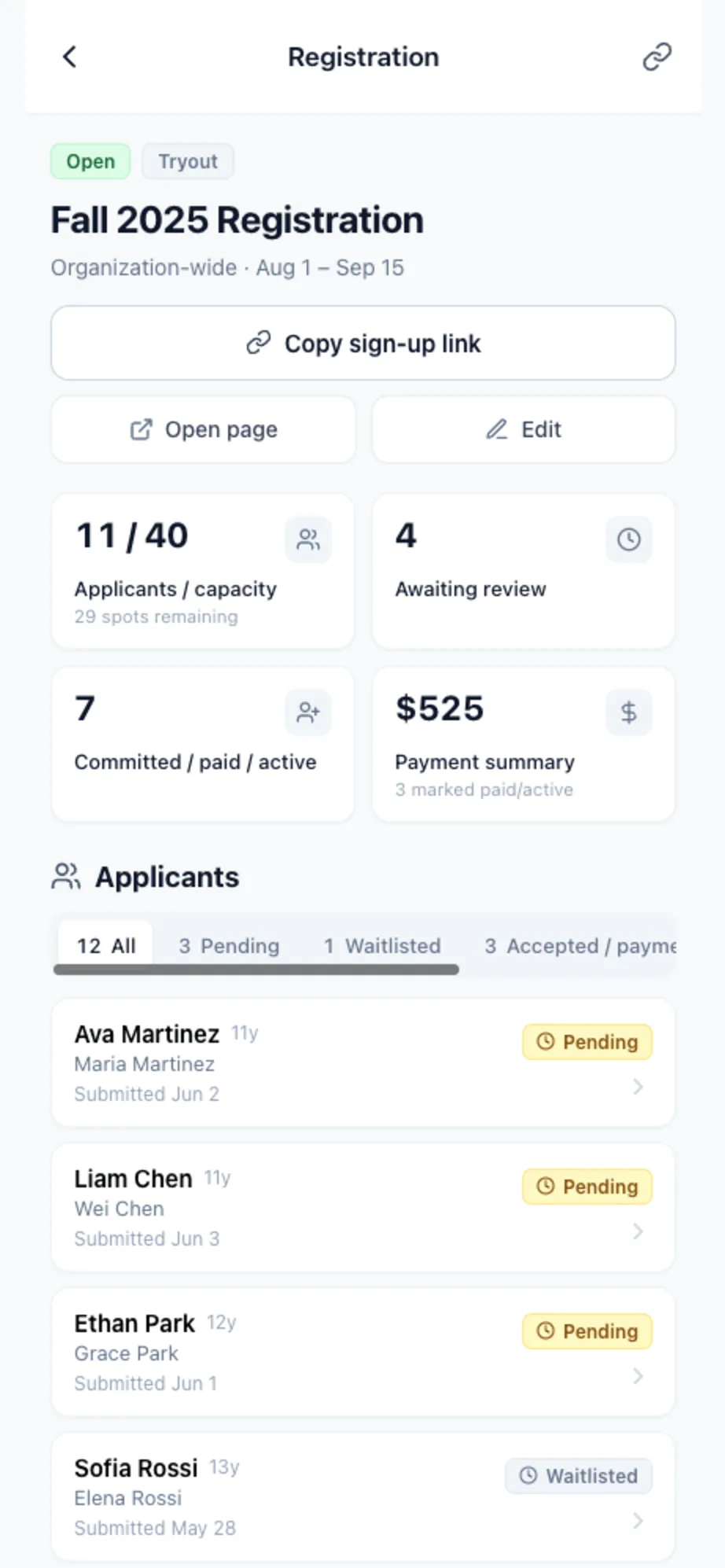 The same registration view on the TeamChannel mobile app
