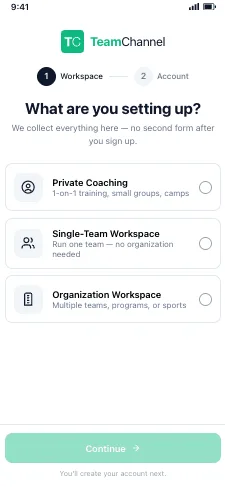 The TeamChannel guided sign-up screen on a phone