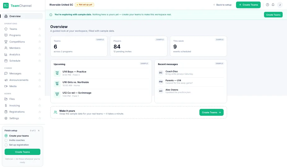 The TeamChannel overview dashboard showing this week's schedule, recent messages, and roster activity